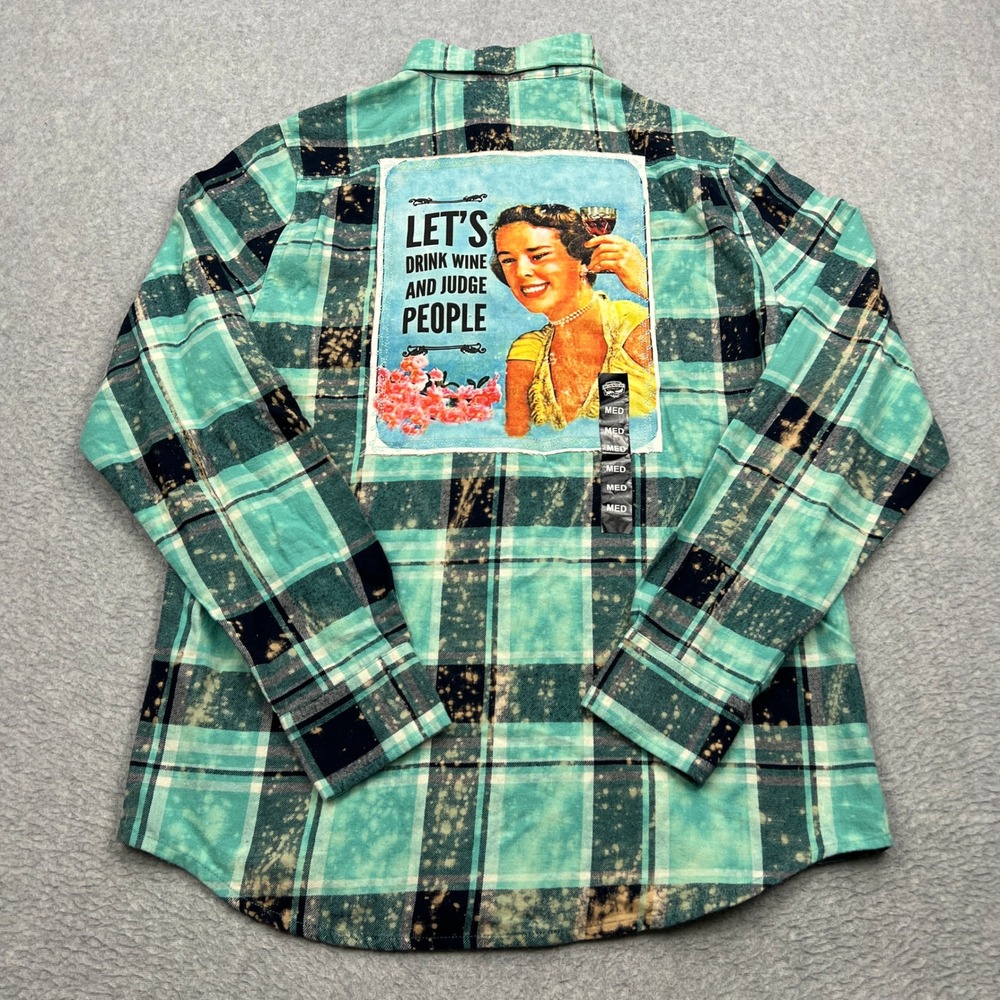 NEW Angry Minnow Vintage Flannel Shirt Womens Medium Teal Plaid Drink Wine Judge
